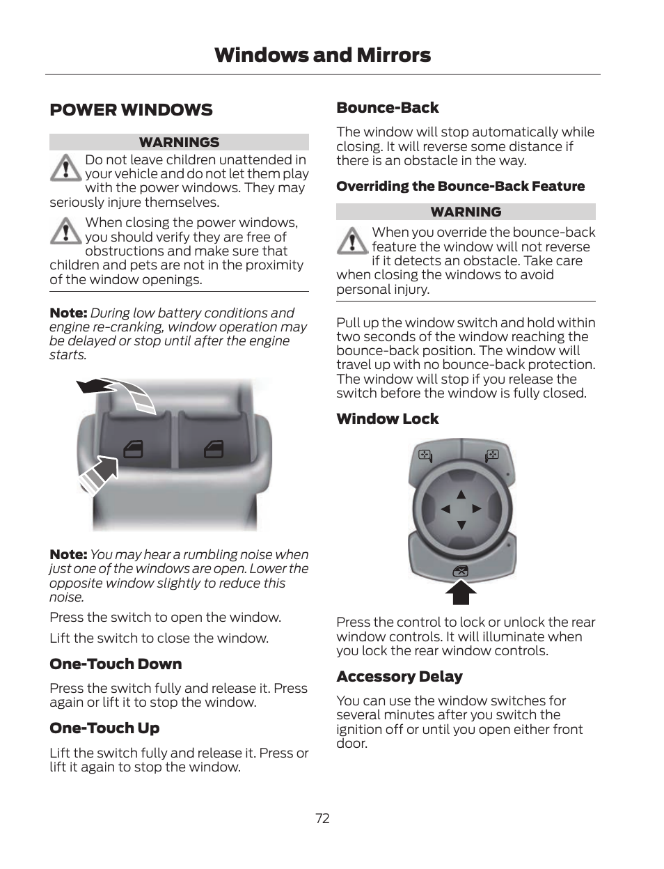 Windows and mirrors, Power windows | FORD 2013 Fusion Hybrid v.2 User Manual | Page 75 / 470