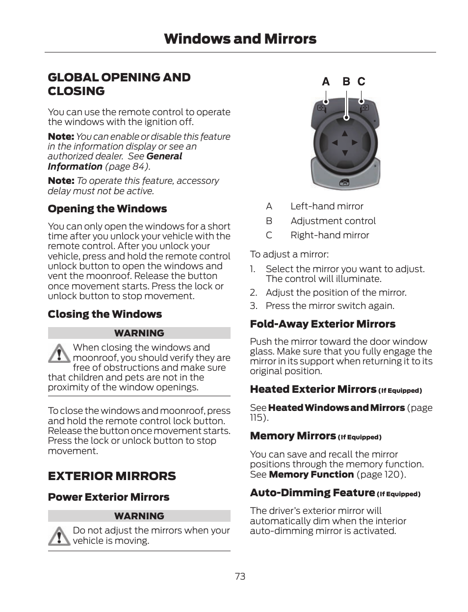 Windows and mirrors, Global opening and closing, Exterior mirrors | FORD 2013 Fusion Hybrid v.2 User Manual | Page 76 / 470