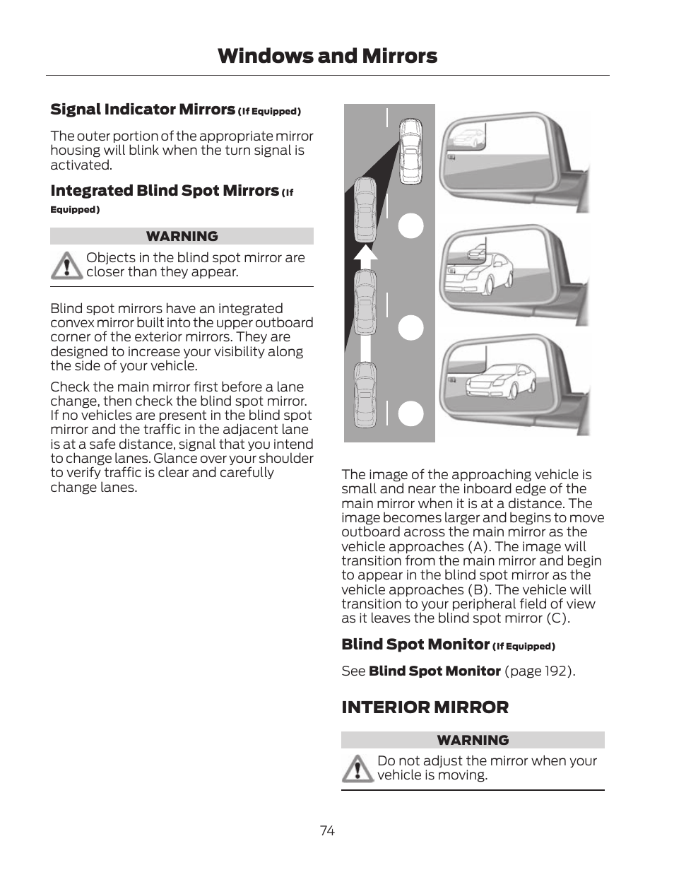 Windows and mirrors, Ab c, Interior mirror | FORD 2013 Fusion Hybrid v.2 User Manual | Page 77 / 470