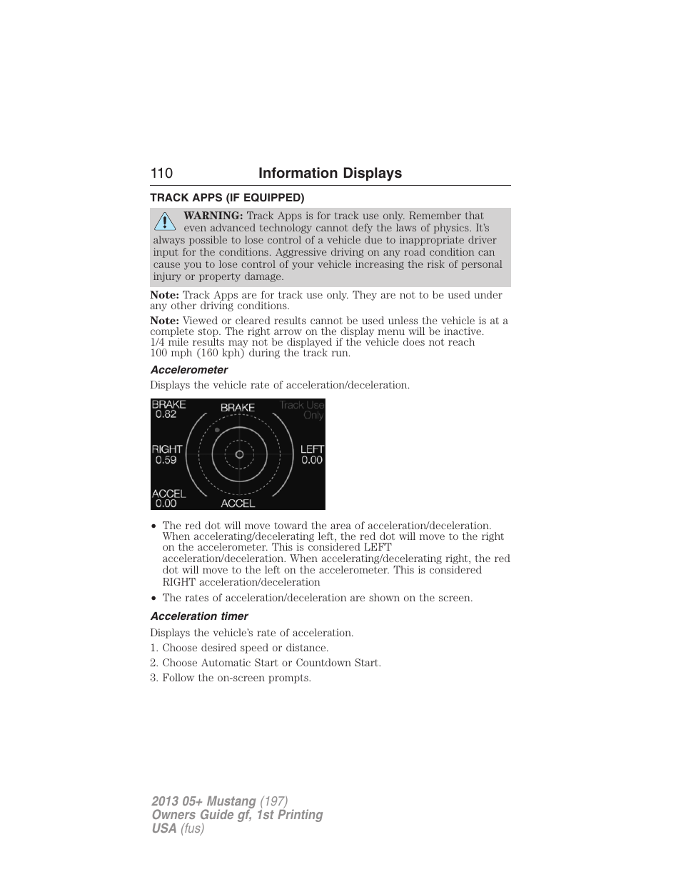 Track apps (if equipped), Accelerometer, Acceleration timer | 110 information displays | FORD 2013 Mustang v.1 User Manual | Page 110 / 437