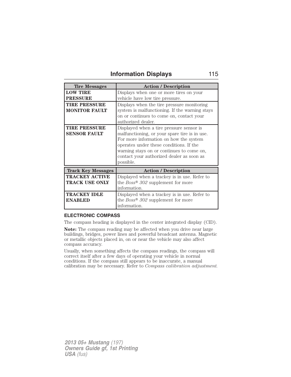 Electronic compass, Information displays 115 | FORD 2013 Mustang v.1 User Manual | Page 115 / 437