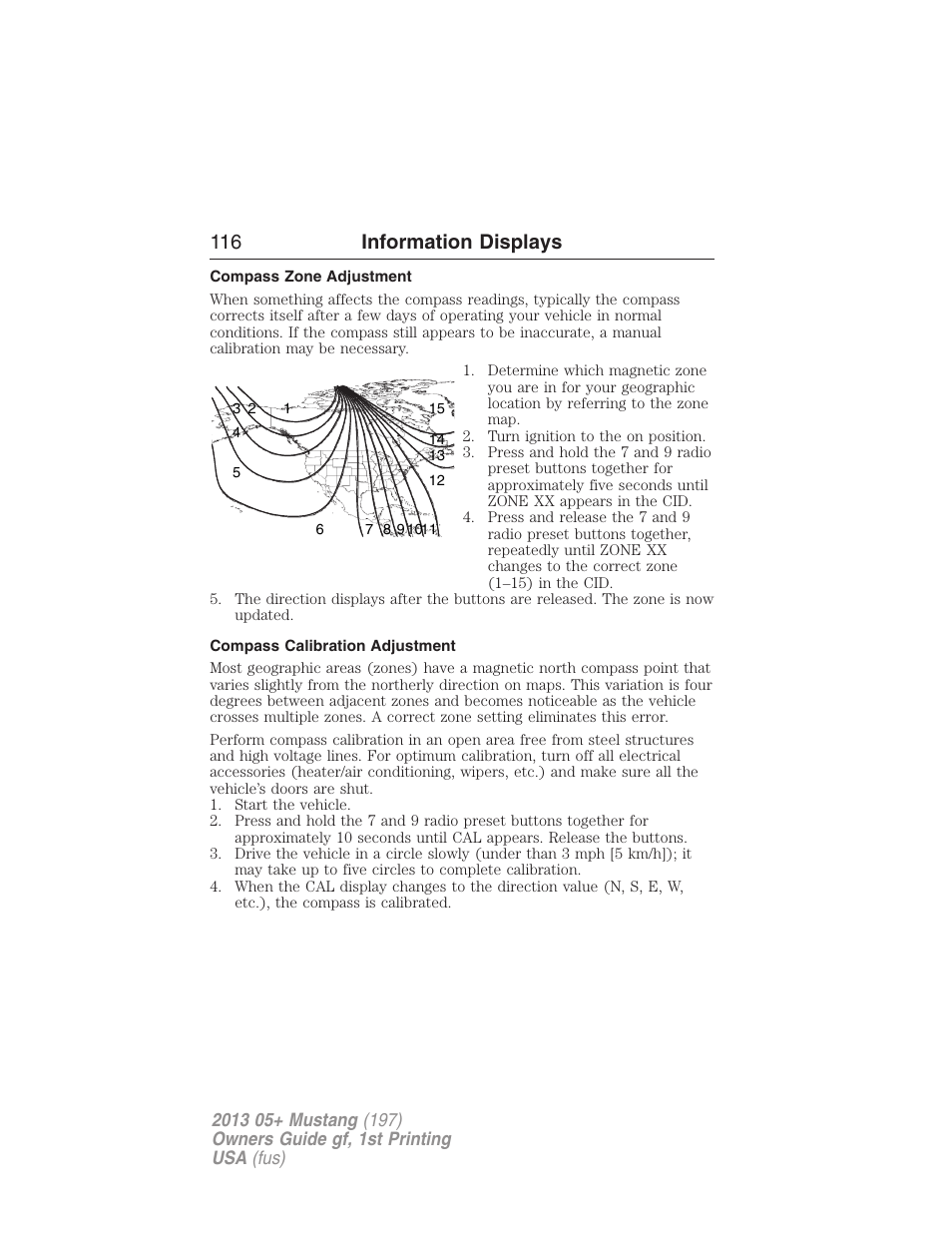 Compass zone adjustment, Compass calibration adjustment, 116 information displays | FORD 2013 Mustang v.1 User Manual | Page 116 / 437