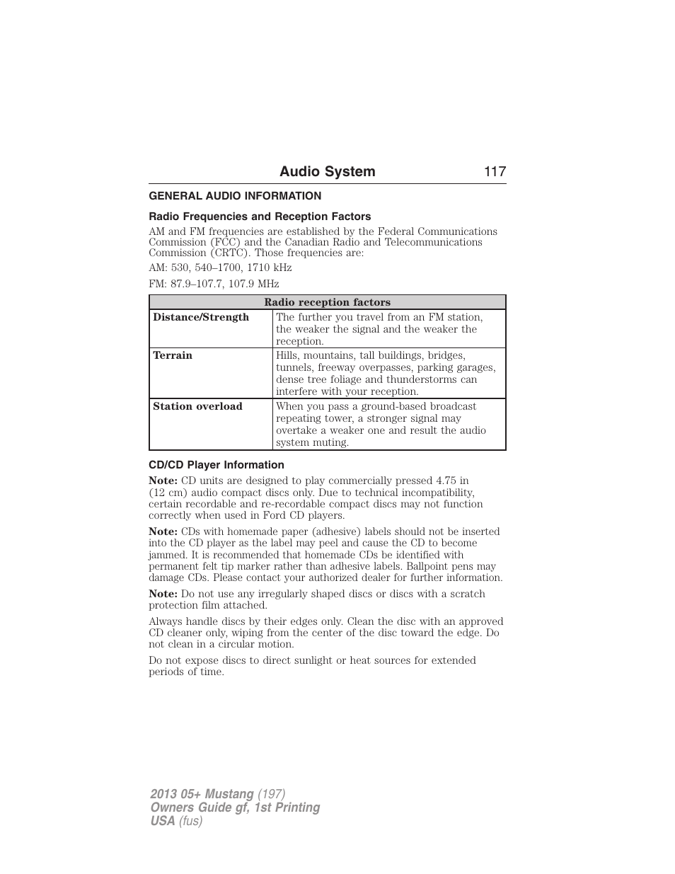 Audio system, General audio information, Radio frequencies and reception factors | Cd/cd player information, Audio system 117 | FORD 2013 Mustang v.1 User Manual | Page 117 / 437