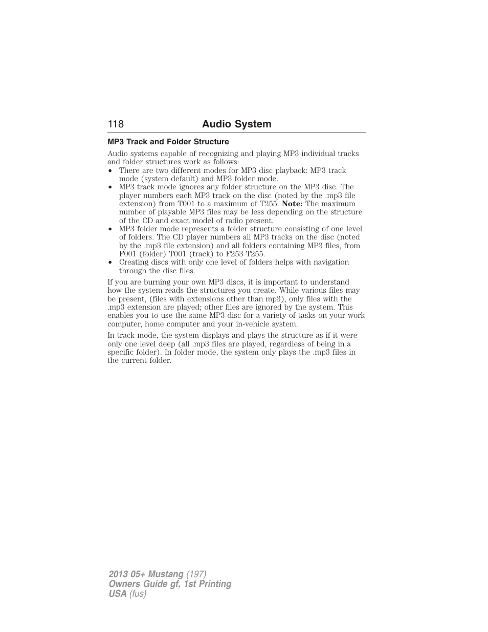 Mp3 track and folder structure, 118 audio system | FORD 2013 Mustang v.1 User Manual | Page 118 / 437