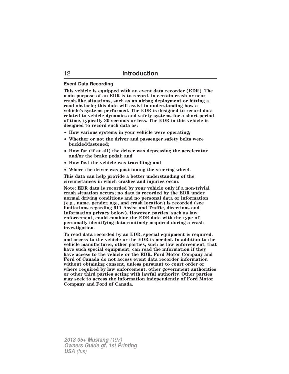 Event data recording, 12 introduction | FORD 2013 Mustang v.1 User Manual | Page 12 / 437