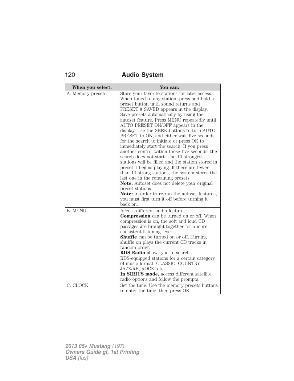 120 audio system | FORD 2013 Mustang v.1 User Manual | Page 120 / 437