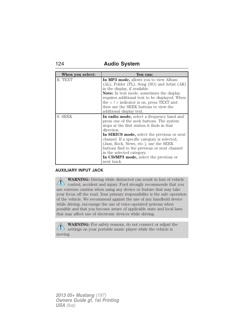 Auxiliary input jack, 124 audio system | FORD 2013 Mustang v.1 User Manual | Page 124 / 437
