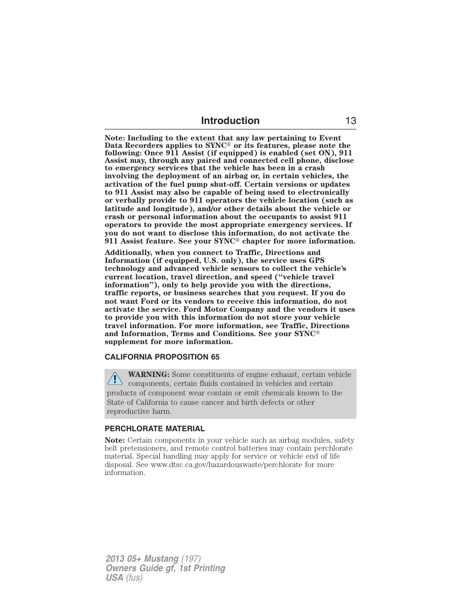 California proposition 65, Perchlorate material, Introduction 13 | FORD 2013 Mustang v.1 User Manual | Page 13 / 437