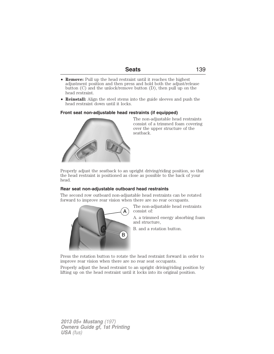 Rear seat non-adjustable outboard head restraints, Seats 139 | FORD 2013 Mustang v.1 User Manual | Page 139 / 437