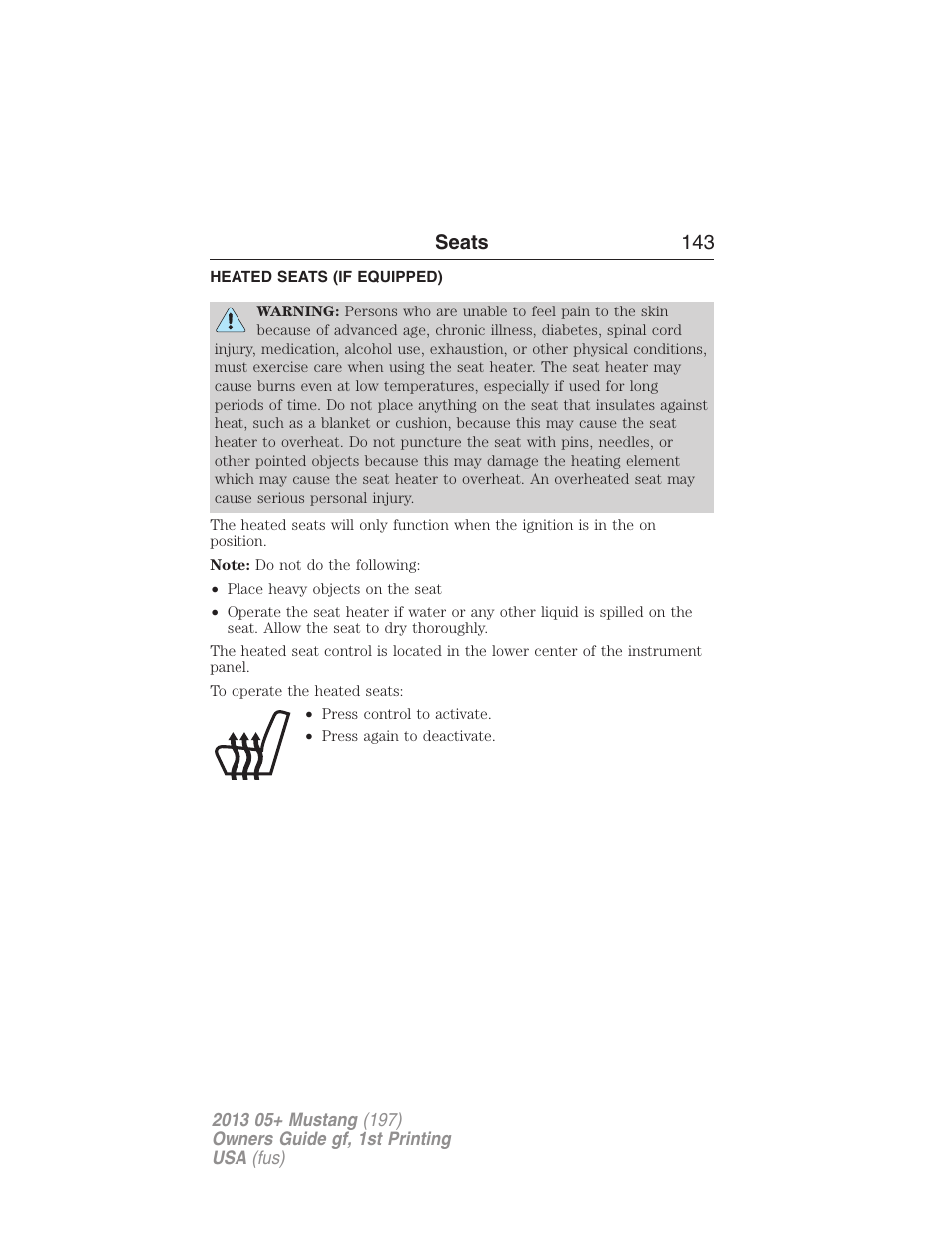 Heated seats (if equipped), Heated seats, Seats 143 | FORD 2013 Mustang v.1 User Manual | Page 143 / 437