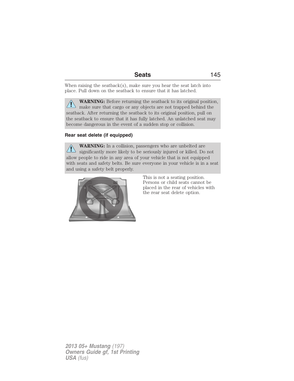 Rear seat delete (if equipped), Seats 145 | FORD 2013 Mustang v.1 User Manual | Page 145 / 437