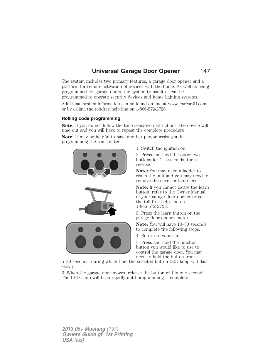 Rolling code programming, Universal garage door opener 147 | FORD 2013 Mustang v.1 User Manual | Page 147 / 437