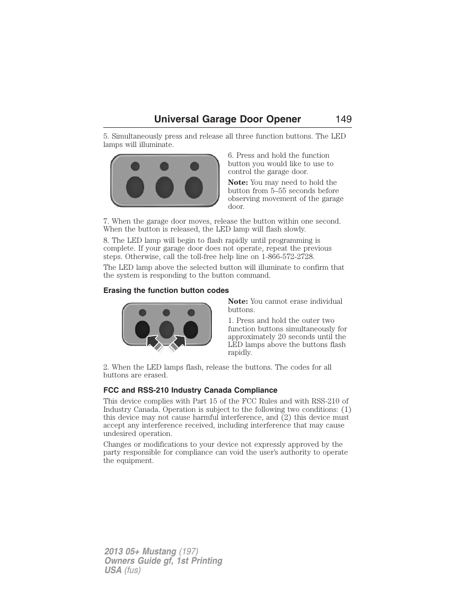 Erasing the function button codes, Fcc and rss-210 industry canada compliance, Universal garage door opener 149 | FORD 2013 Mustang v.1 User Manual | Page 149 / 437