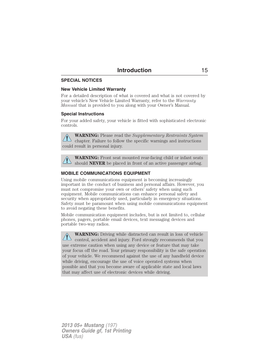 Special notices, New vehicle limited warranty, Special instructions | Mobile communications equipment, Introduction 15 | FORD 2013 Mustang v.1 User Manual | Page 15 / 437