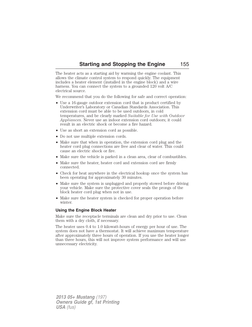 Using the engine block heater, Starting and stopping the engine 155 | FORD 2013 Mustang v.1 User Manual | Page 155 / 437