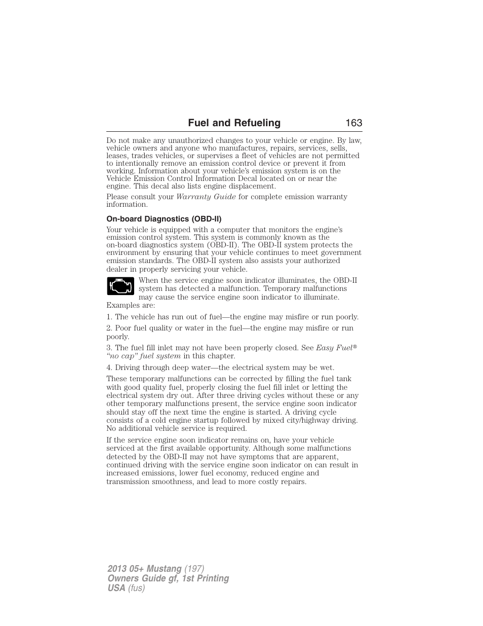 On-board diagnostics (obd-ii), Fuel and refueling 163 | FORD 2013 Mustang v.1 User Manual | Page 163 / 437