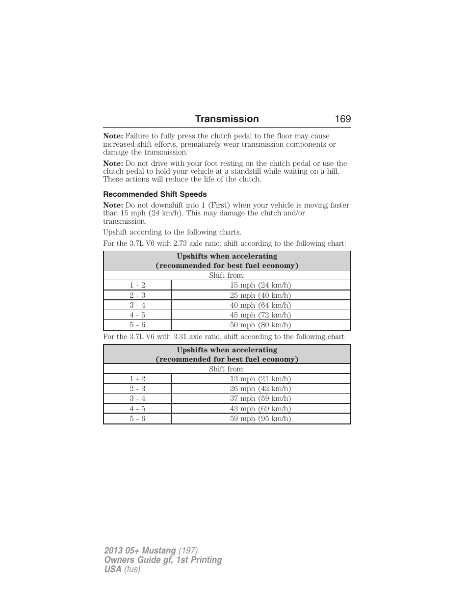 Recommended shift speeds, Transmission 169 | FORD 2013 Mustang v.1 User Manual | Page 169 / 437