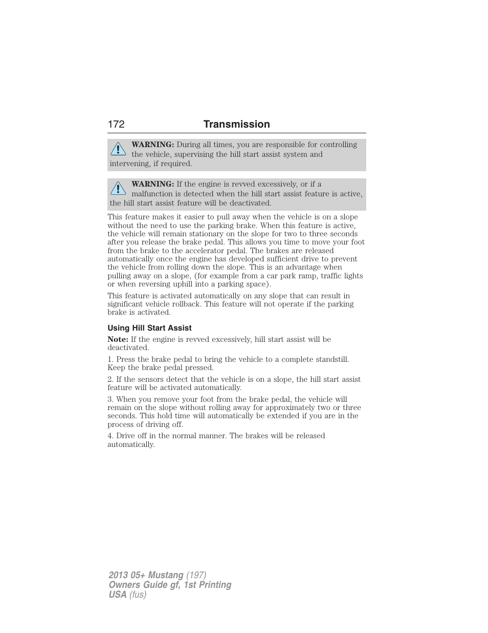 Using hill start assist, 172 transmission | FORD 2013 Mustang v.1 User Manual | Page 172 / 437