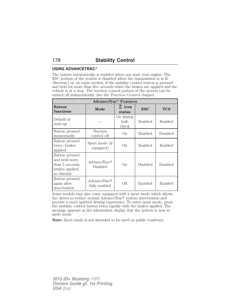 Using advancetrac, 178 stability control | FORD 2013 Mustang v.1 User Manual | Page 178 / 437