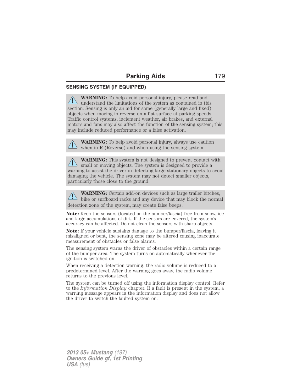 Parking aids, Sensing system (if equipped), Sensing system | Parking aids 179 | FORD 2013 Mustang v.1 User Manual | Page 179 / 437