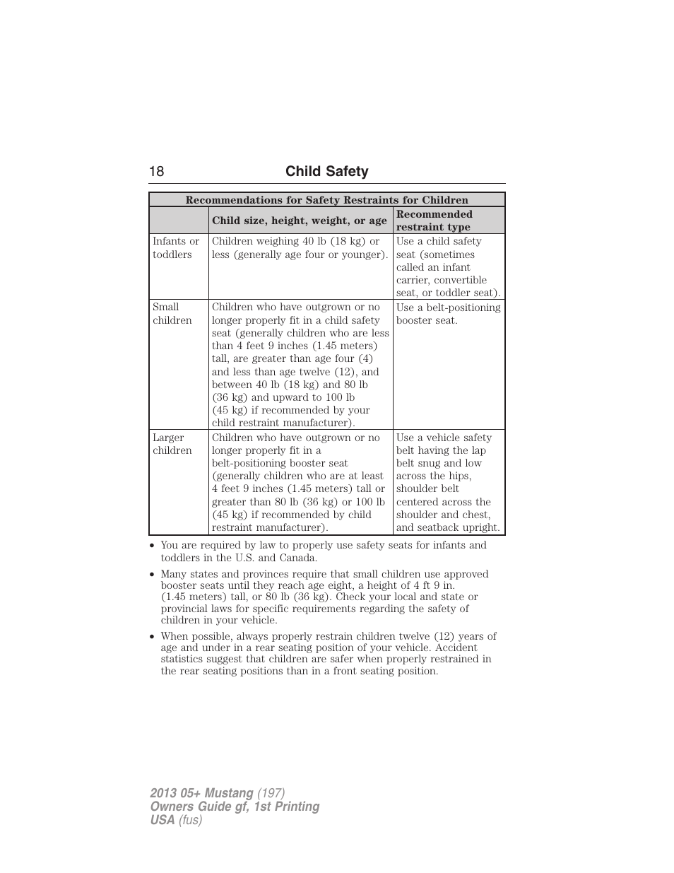 18 child safety | FORD 2013 Mustang v.1 User Manual | Page 18 / 437