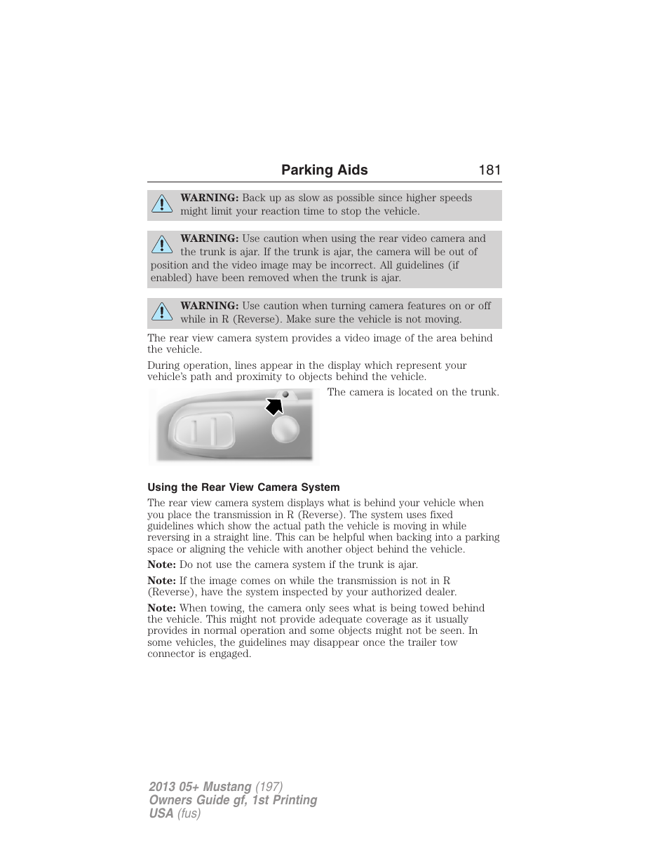 Using the rear view camera system, Parking aids 181 | FORD 2013 Mustang v.1 User Manual | Page 181 / 437