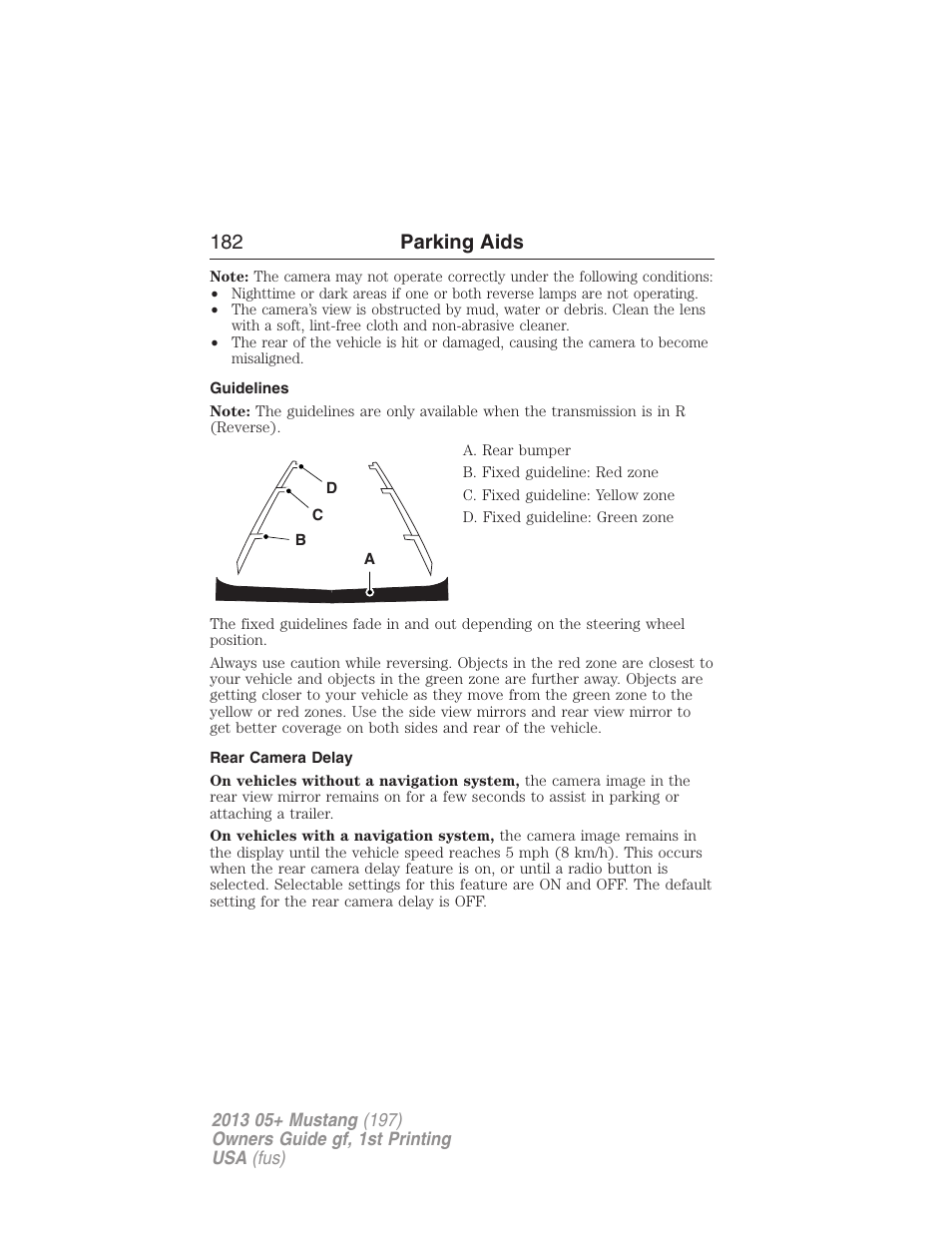 Guidelines, Rear camera delay, 182 parking aids | FORD 2013 Mustang v.1 User Manual | Page 182 / 437