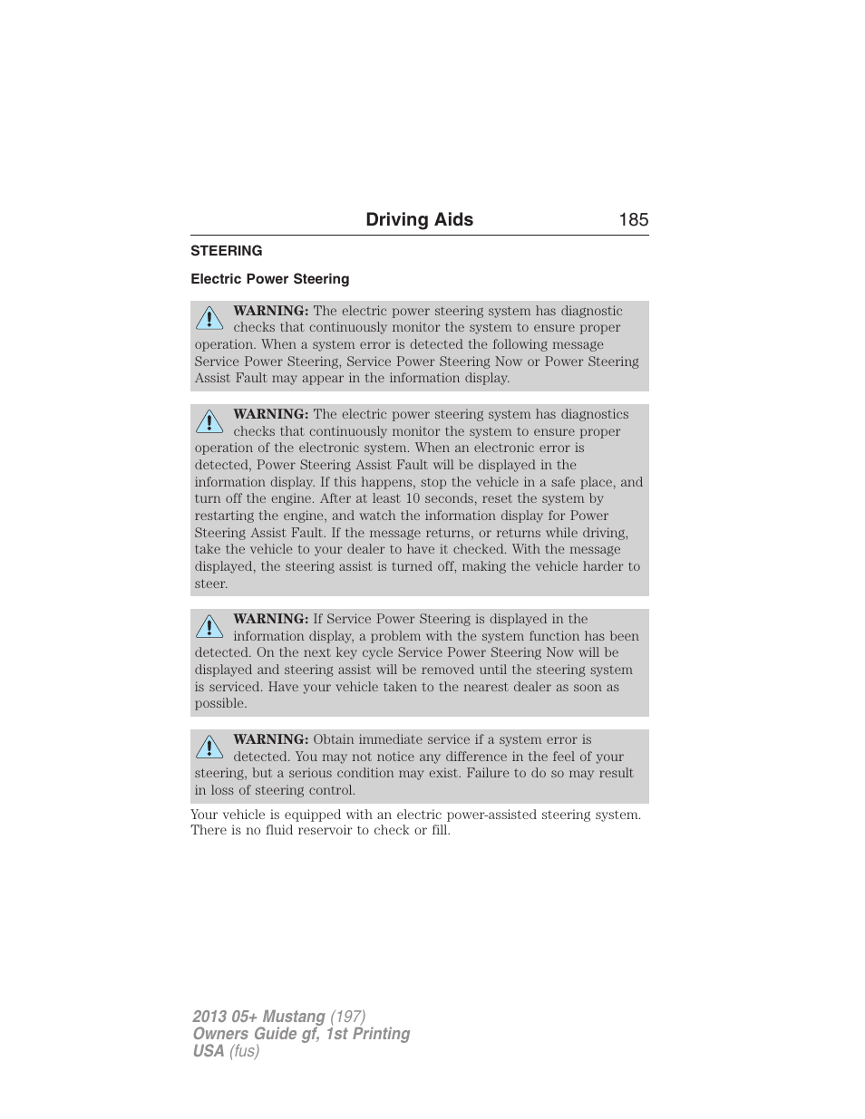 Driving aids, Steering, Electric power steering | Driving aids 185 | FORD 2013 Mustang v.1 User Manual | Page 185 / 437