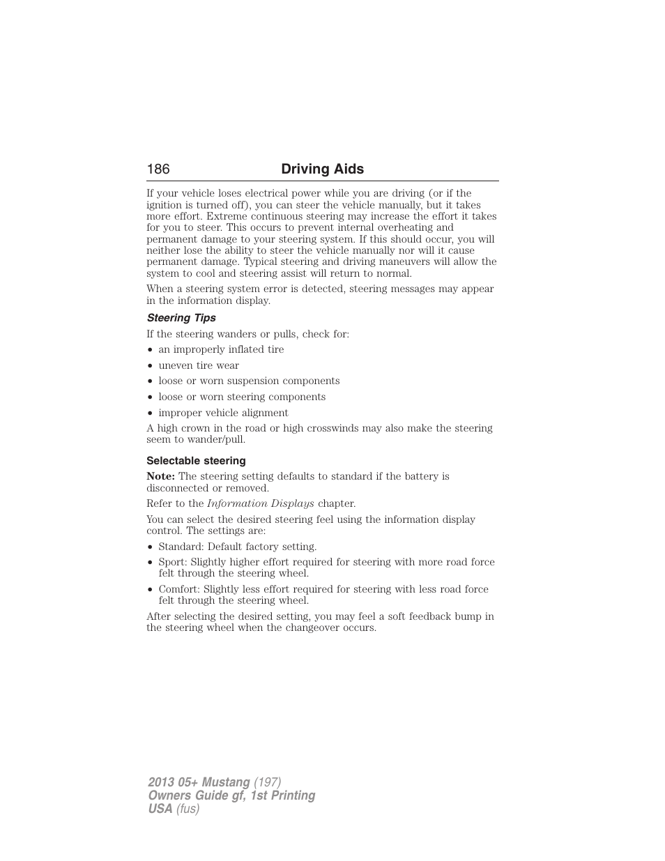 Steering tips, Selectable steering, 186 driving aids | FORD 2013 Mustang v.1 User Manual | Page 186 / 437