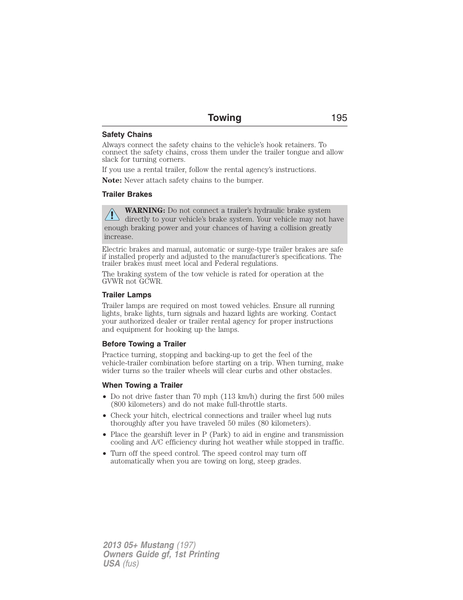 Safety chains, Trailer brakes, Trailer lamps | Before towing a trailer, When towing a trailer, Towing 195 | FORD 2013 Mustang v.1 User Manual | Page 195 / 437