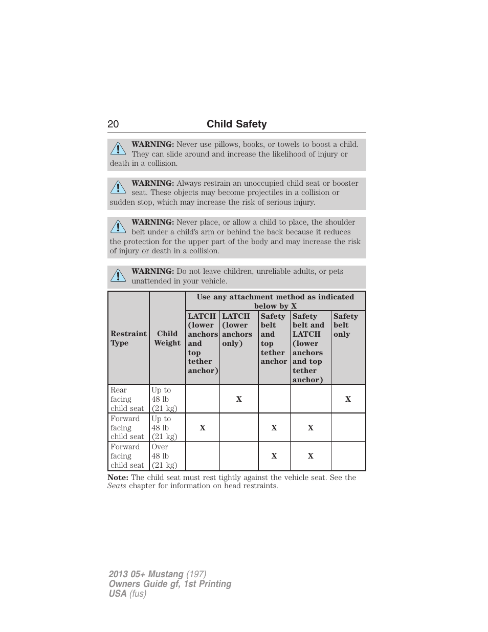 20 child safety | FORD 2013 Mustang v.1 User Manual | Page 20 / 437