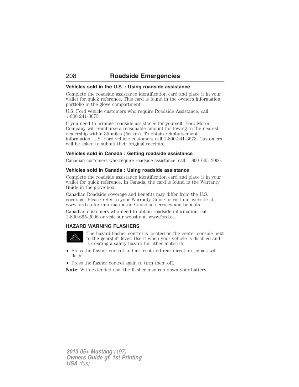 Hazard warning flashers, 208 roadside emergencies | FORD 2013 Mustang v.1 User Manual | Page 208 / 437