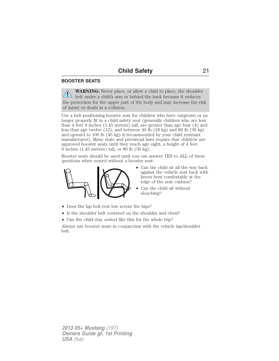 Booster seats, Child safety 21 | FORD 2013 Mustang v.1 User Manual | Page 21 / 437