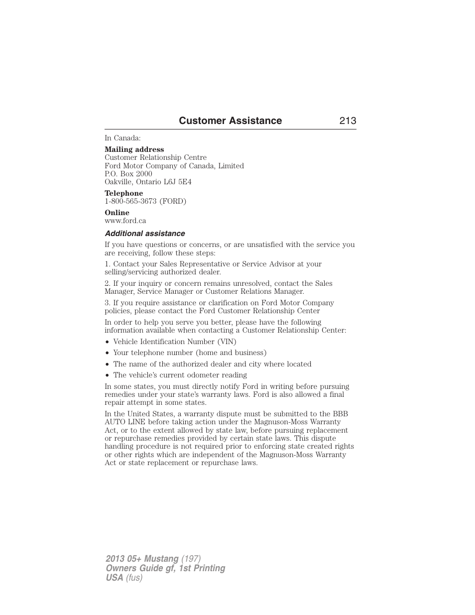 Additional assistance, Customer assistance 213 | FORD 2013 Mustang v.1 User Manual | Page 213 / 437