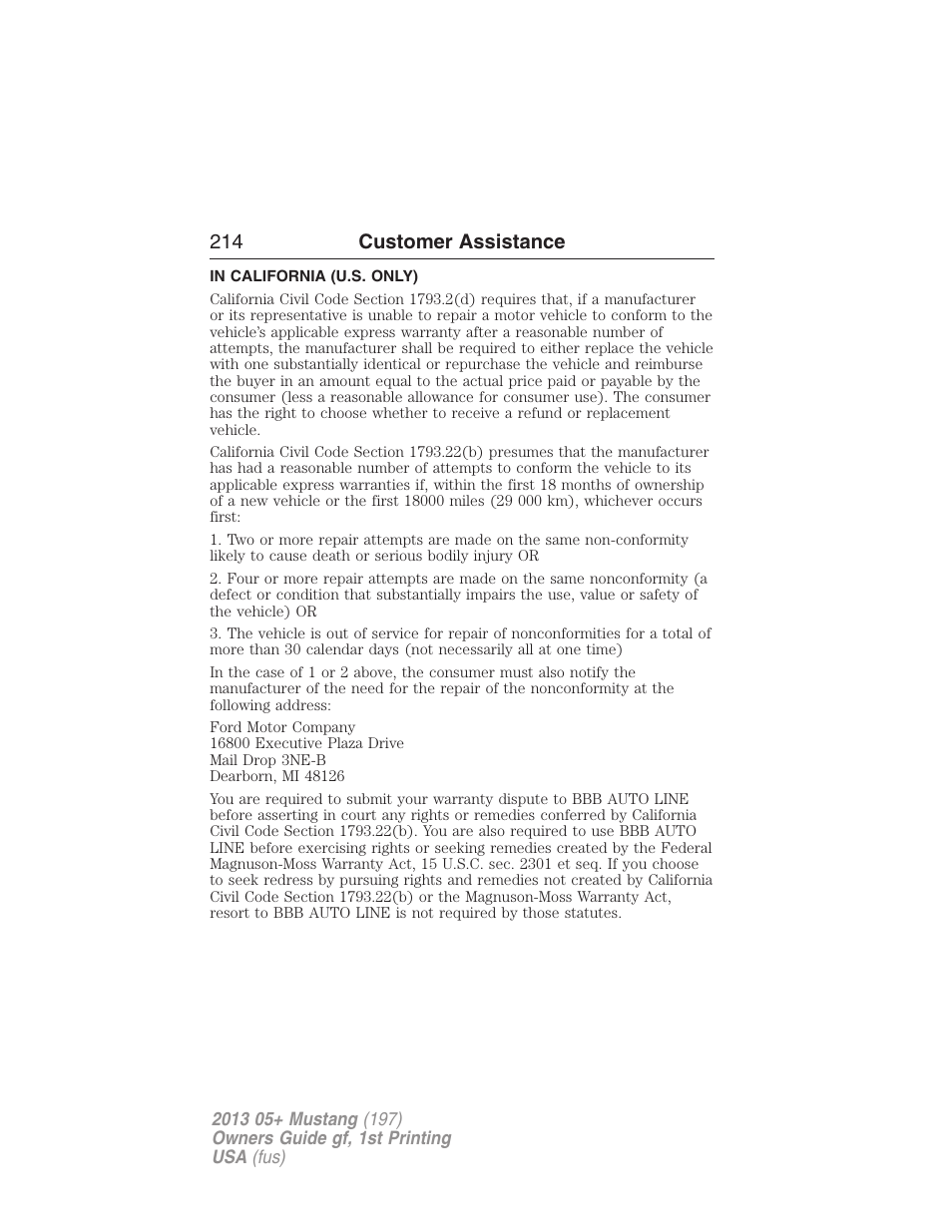 In california (u.s. only), 214 customer assistance | FORD 2013 Mustang v.1 User Manual | Page 214 / 437