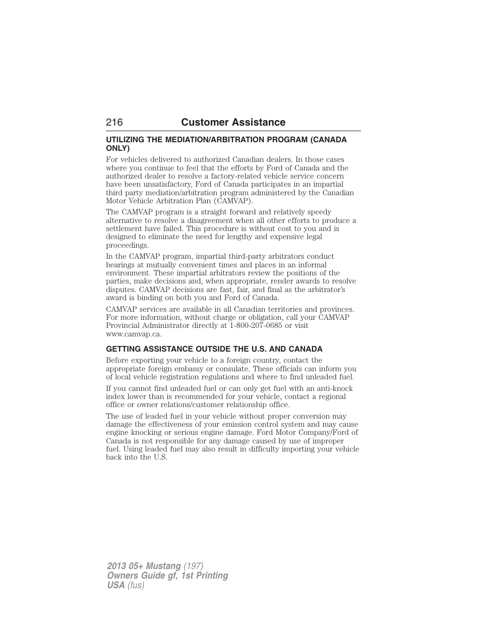 Getting assistance outside the u.s. and canada, 216 customer assistance | FORD 2013 Mustang v.1 User Manual | Page 216 / 437