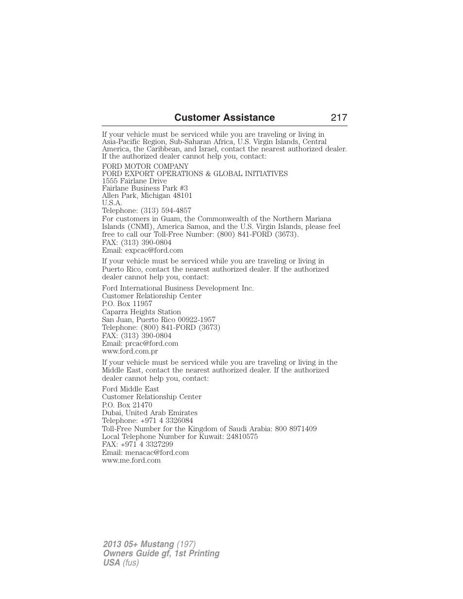 Customer assistance 217 | FORD 2013 Mustang v.1 User Manual | Page 217 / 437