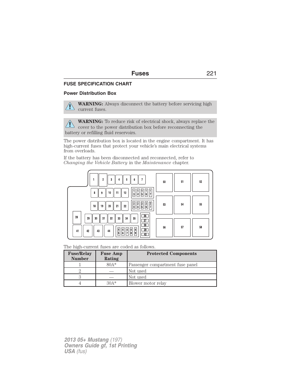 Fuse specification chart, Power distribution box, Fuses 221 | FORD 2013 Mustang v.1 User Manual | Page 221 / 437
