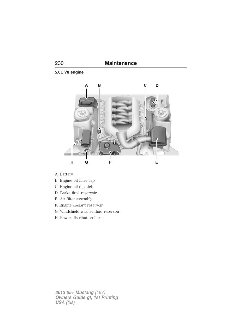 0l v8 engine, 230 maintenance | FORD 2013 Mustang v.1 User Manual | Page 230 / 437