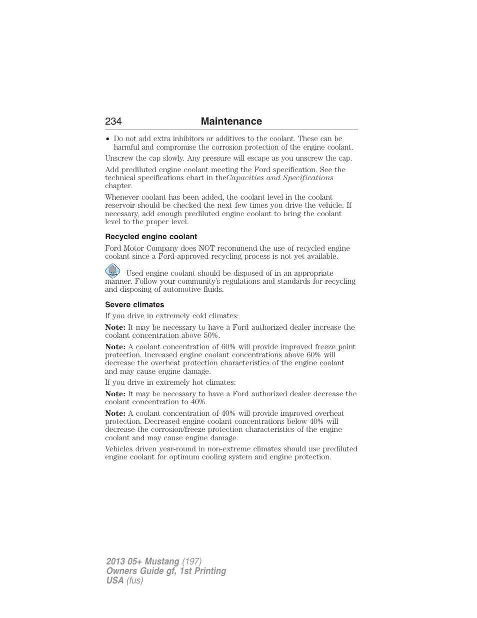 Recycled engine coolant, Severe climates, 234 maintenance | FORD 2013 Mustang v.1 User Manual | Page 234 / 437