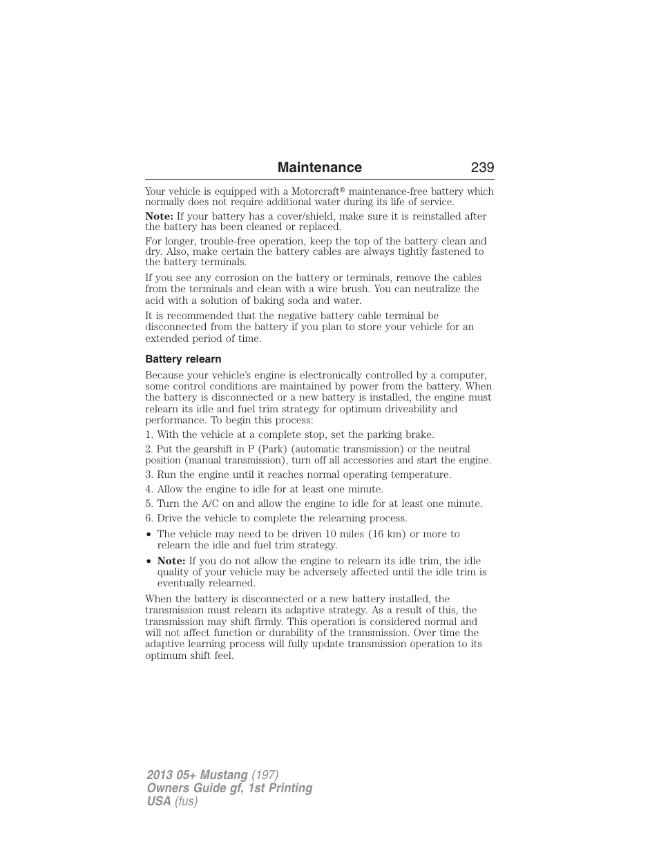 Battery relearn, Maintenance 239 | FORD 2013 Mustang v.1 User Manual | Page 239 / 437