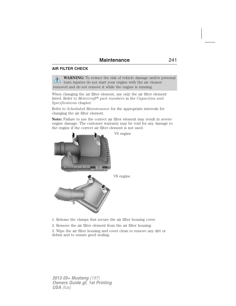 Air filter check, Air filter(s), Maintenance 241 | FORD 2013 Mustang v.1 User Manual | Page 241 / 437