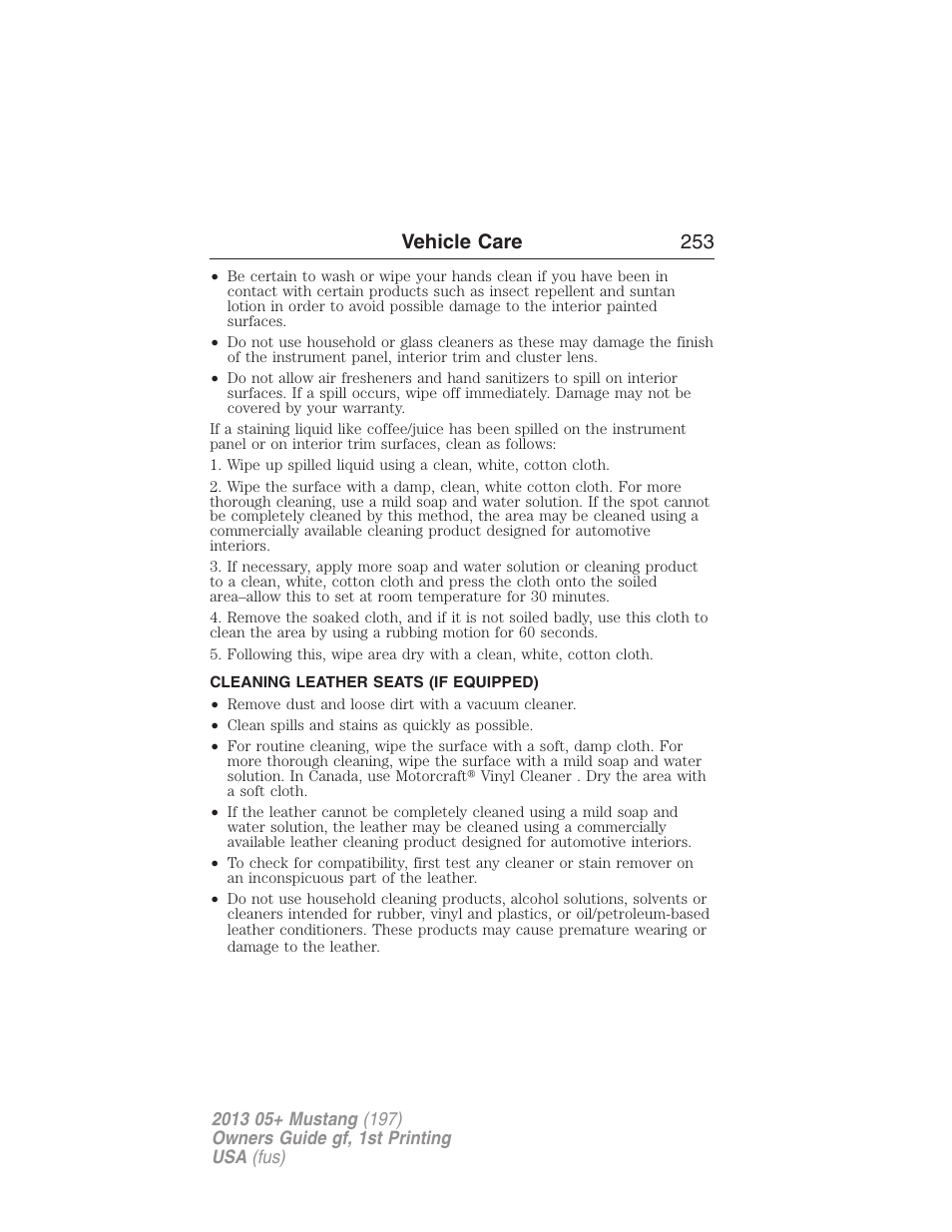 Cleaning leather seats (if equipped), Cleaning leather seats, Vehicle care 253 | FORD 2013 Mustang v.1 User Manual | Page 253 / 437