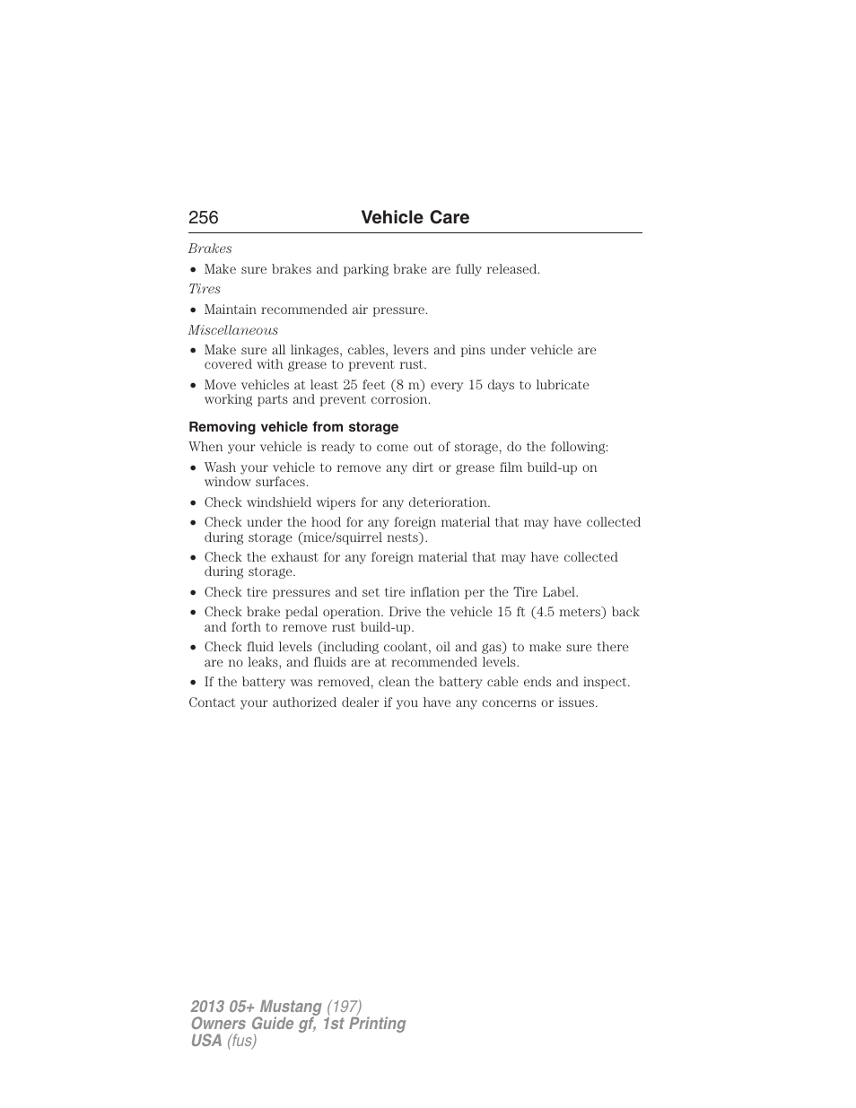 Removing vehicle from storage, 256 vehicle care | FORD 2013 Mustang v.1 User Manual | Page 256 / 437