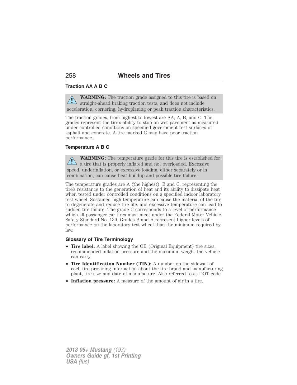 Traction aa a b c, Temperature a b c, Glossary of tire terminology | 258 wheels and tires | FORD 2013 Mustang v.1 User Manual | Page 258 / 437