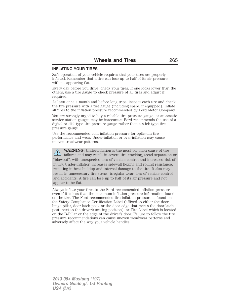 Inflating your tires, Wheels and tires 265 | FORD 2013 Mustang v.1 User Manual | Page 265 / 437