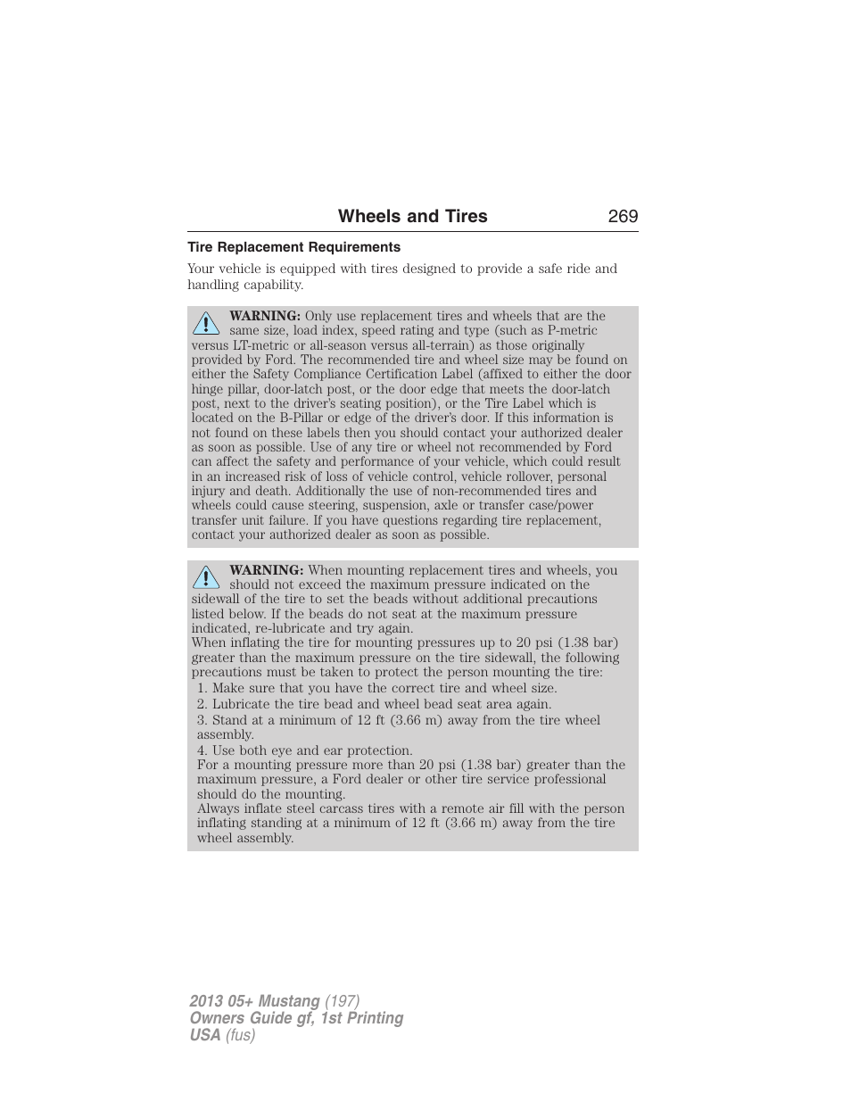 Tire replacement requirements, Wheels and tires 269 | FORD 2013 Mustang v.1 User Manual | Page 269 / 437
