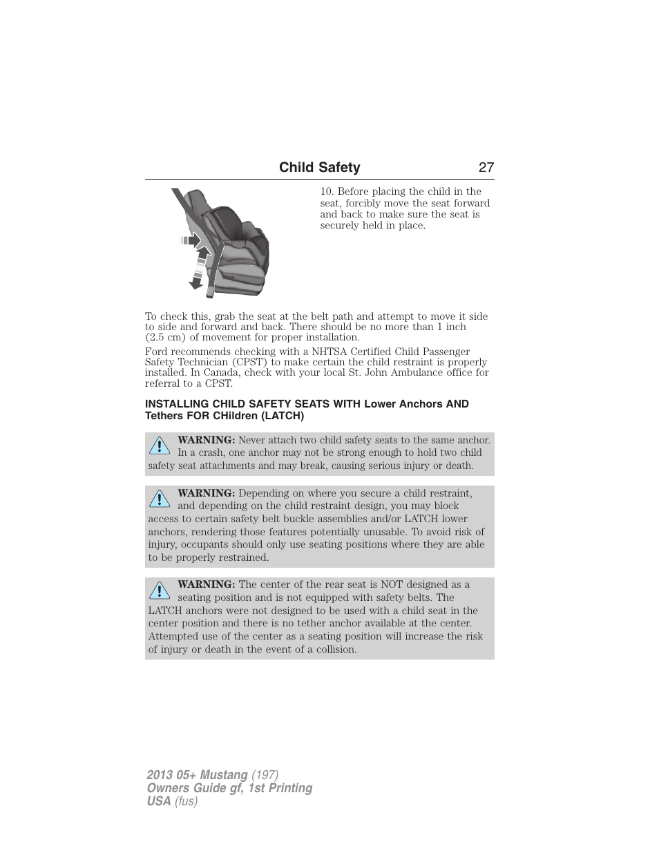 Child safety 27 | FORD 2013 Mustang v.1 User Manual | Page 27 / 437