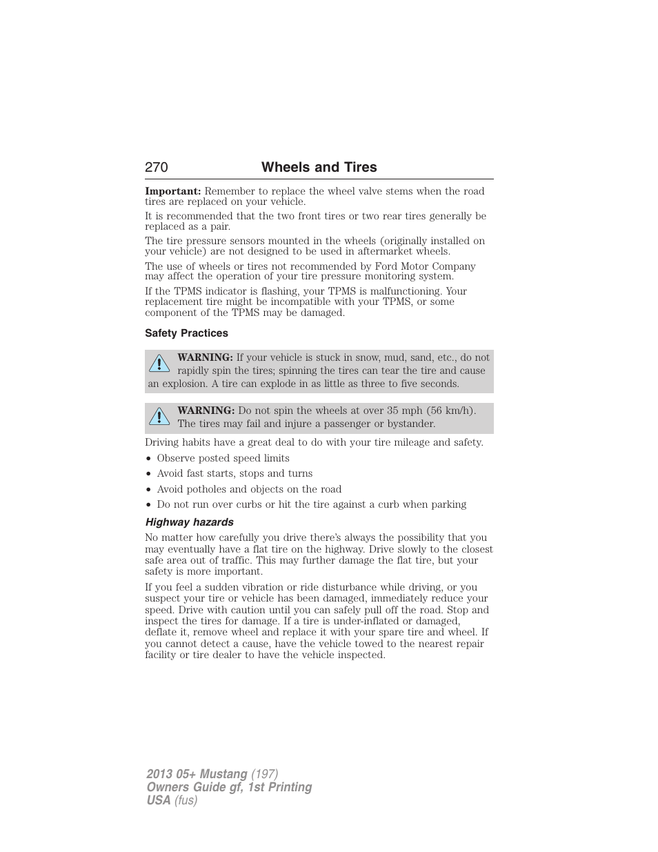 Safety practices, Highway hazards, 270 wheels and tires | FORD 2013 Mustang v.1 User Manual | Page 270 / 437