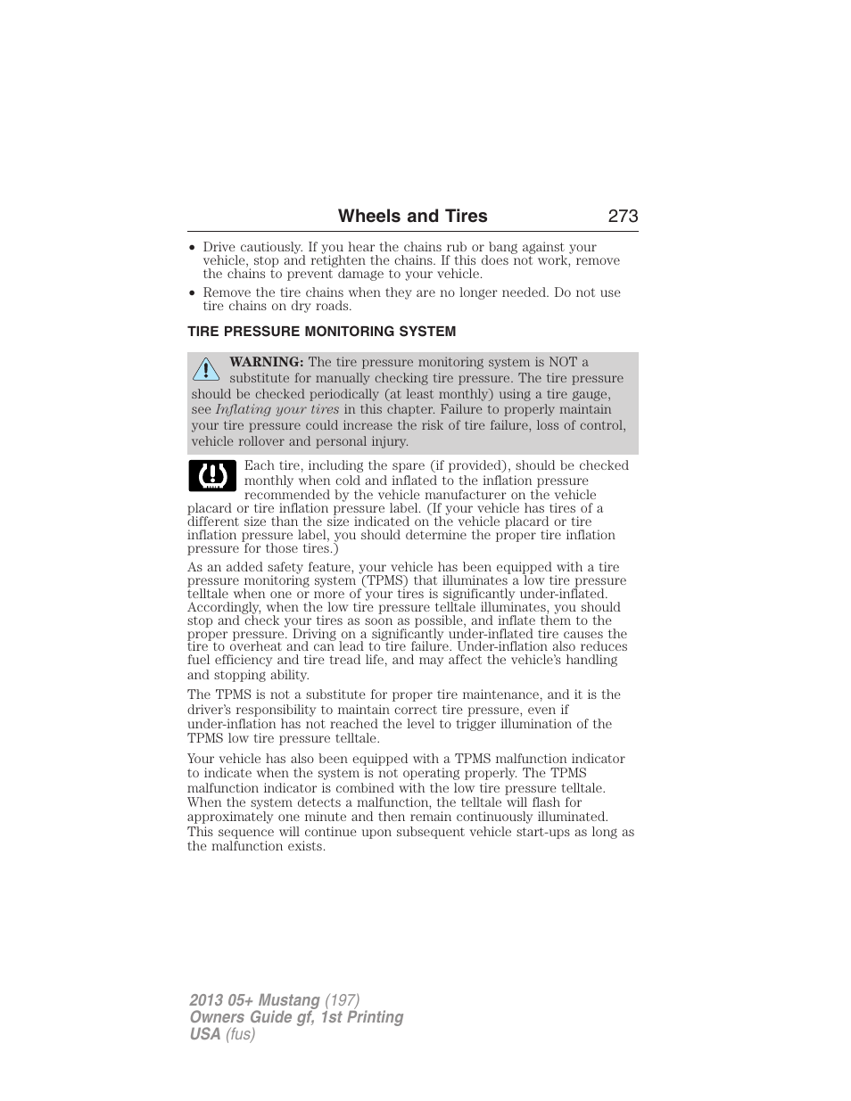 Tire pressure monitoring system, Tire pressure monitoring system (tpms), Wheels and tires 273 | FORD 2013 Mustang v.1 User Manual | Page 273 / 437